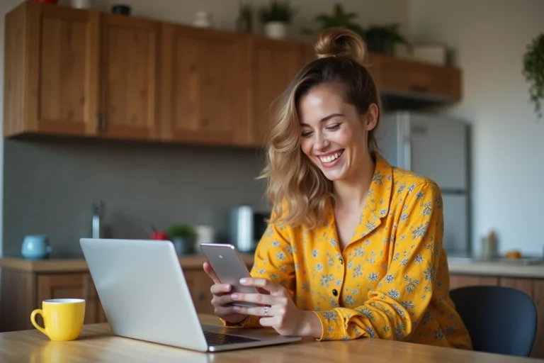 Femme souriante utilisant son smartphone dans une cuisine moderne