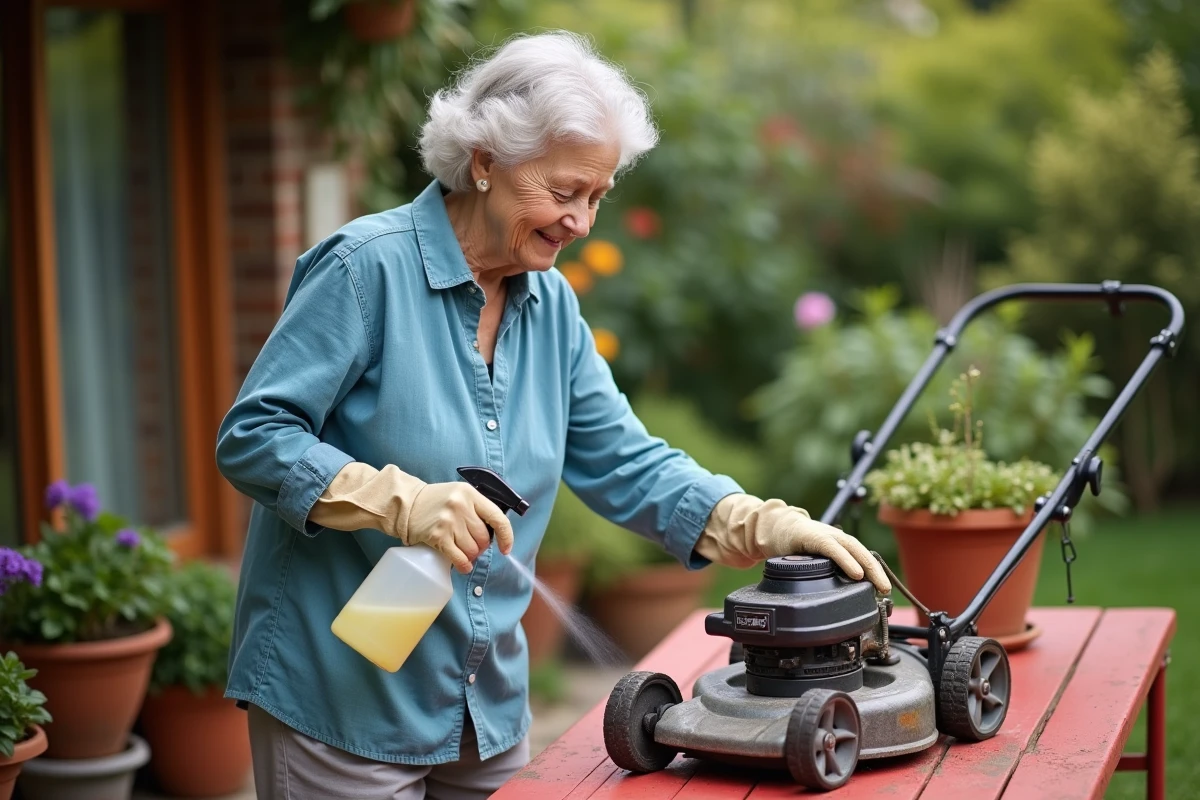 Femme vaporisant un mélange sur la lame de la tondeuse