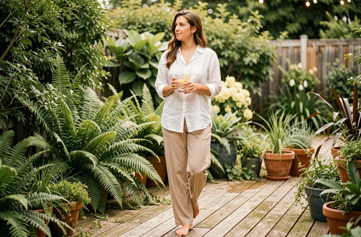 Femme se promenant pieds nus sur une terrasse en bois entourée de verdure, tenant un verre d'eau citronnée dans une atmosphère de bien-être naturel