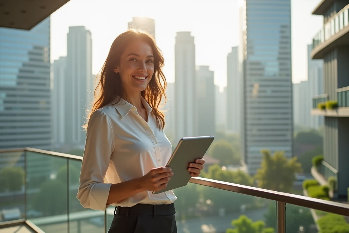 Jeune femme souriante sur un balcon urbain ensoleille