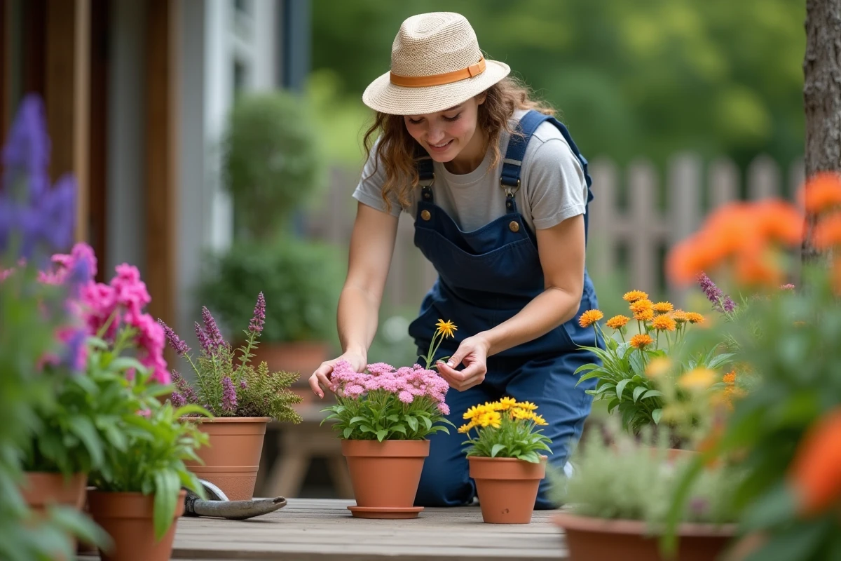 Jeune femme horticultrice arrangeant des plantes en pots dans le jardin