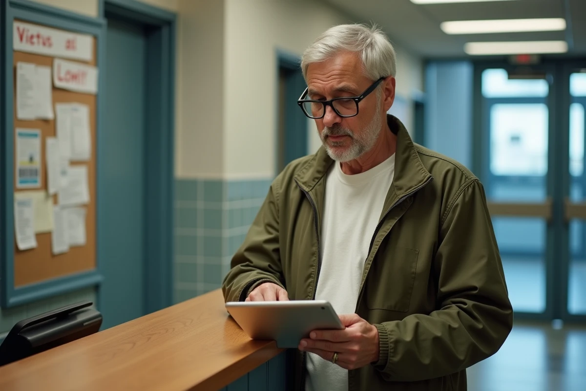 Formateur MFR consultant l'intranet sur une tablette dans le couloir d'un centre de formation professionnelle