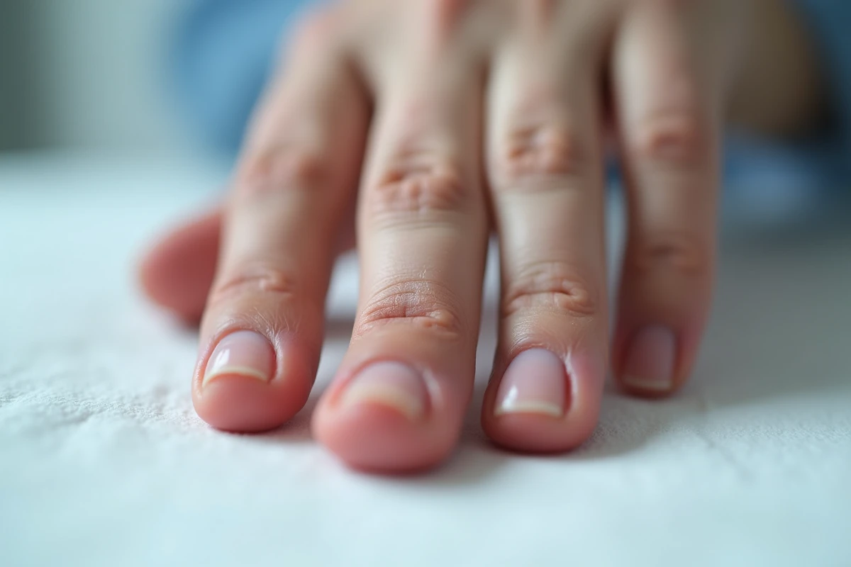 Gros plan sur un ongle déformé présentant des stries et une croissance irrégulière après un traumatisme de la matrice unguéale