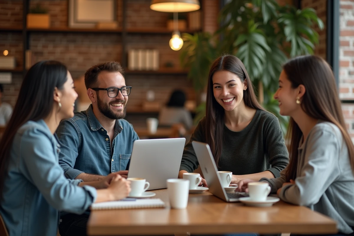 Groupe de jeunes entrepreneurs discutant dans un café urbain