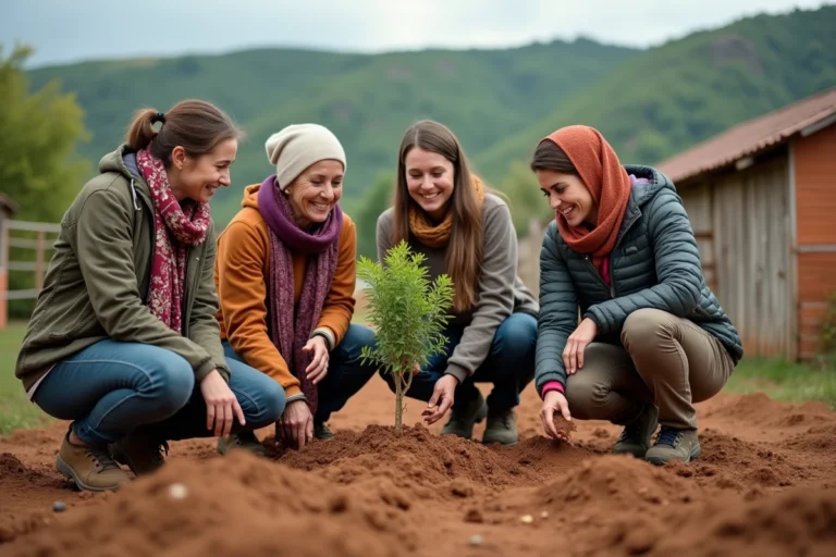 Jeunes adultes plantant des arbres dans un village rural