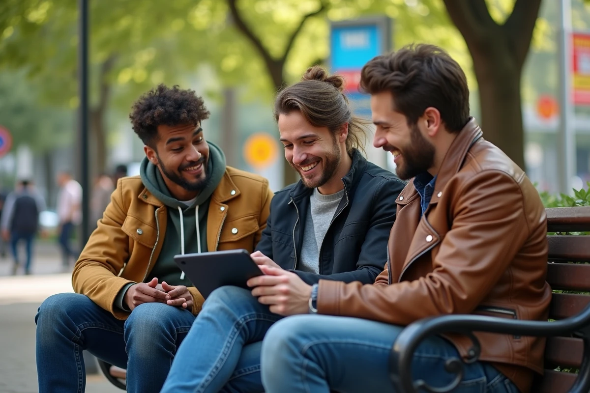 Groupe d amis riant avec une tablette dans un parc urbain