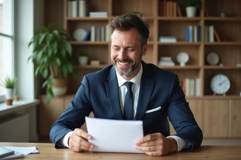 Homme d'affaires en costume navy dans un bureau moderne