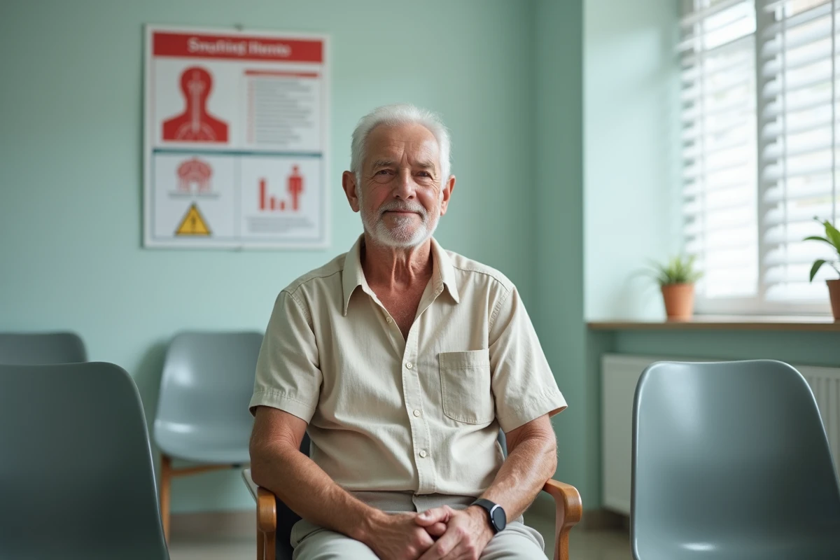 Homme âgé assis dans une salle d'attente médicale, consultation pour troubles de la déglutition