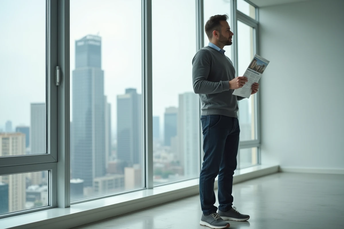 Homme évaluant un appartement vide avec vue sur skyline urbain, tenant une brochure immobilière
