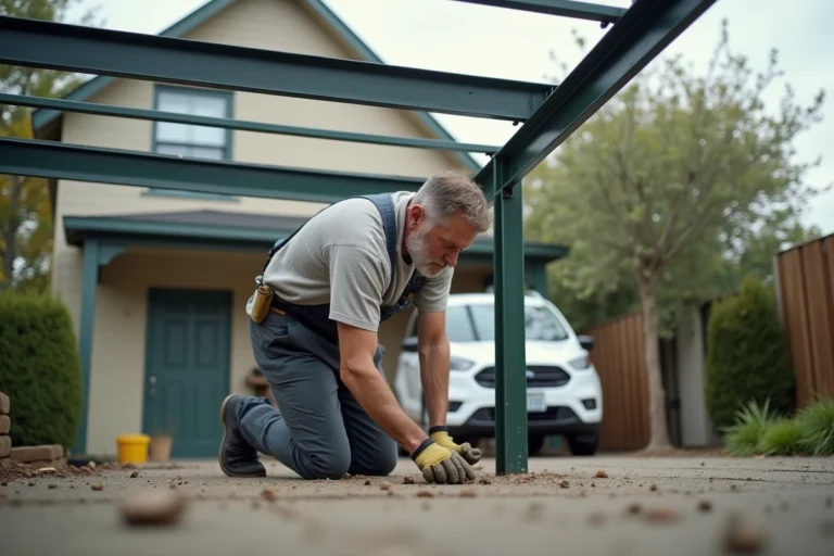 Homme en vêtements de travail assemble un carport en métal
