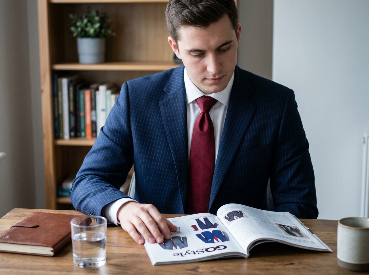 Jeune homme en costume rayé marine et cravate rouge Windsor consultant un guide de style vestimentaire à son bureau