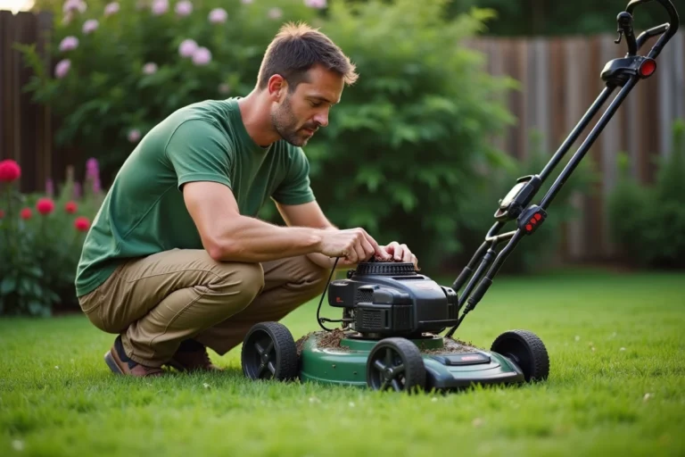 Homme nettoyant la tondeuse dans le jardin
