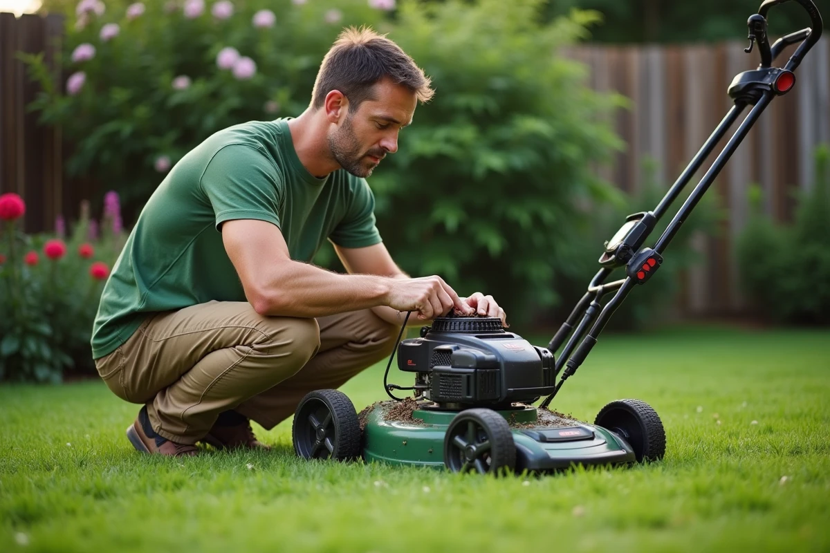 Homme nettoyant la tondeuse dans le jardin
