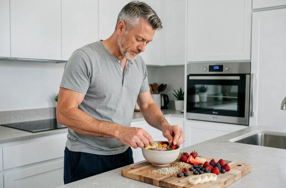 Homme préparant un bol de smoothie sain dans une cuisine moderne, illustrant les gestes simples pour prendre soin de son bien-être au quotidien