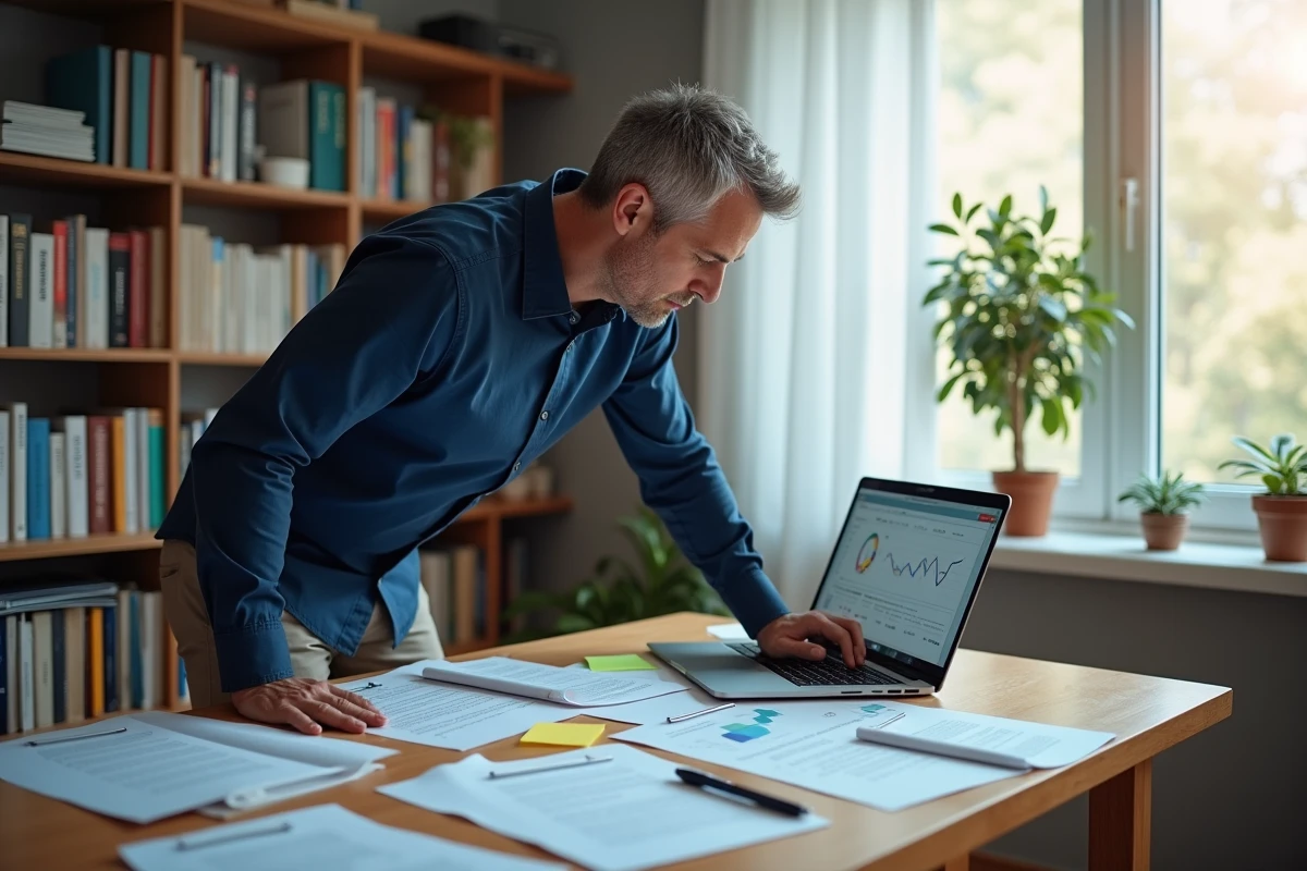 Homme travaillant sur une stratégie de référencement naturel avec des documents SEO et un tableau de bord de trafic web