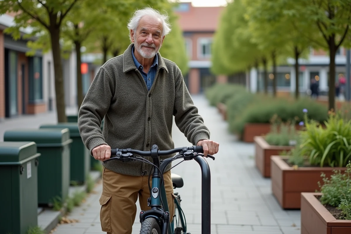 Homme âgé attachant son vélo électrique près d’un jardin communautaire