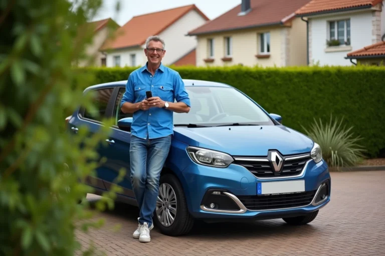 Homme souriant avec voiture dans une allée résidentielle