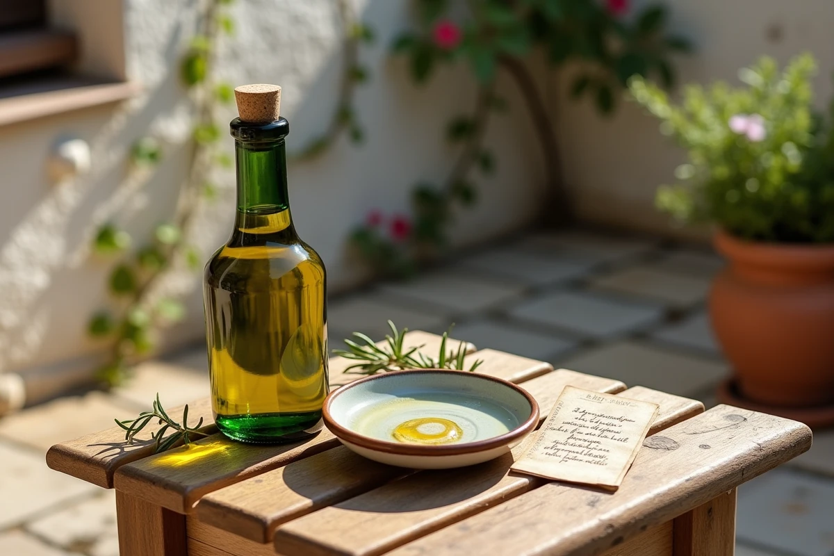 Bouteille d'huile d'olive, bol d'eau et herbes séchées sur une table en pierre pour le rituel du mauvais œil