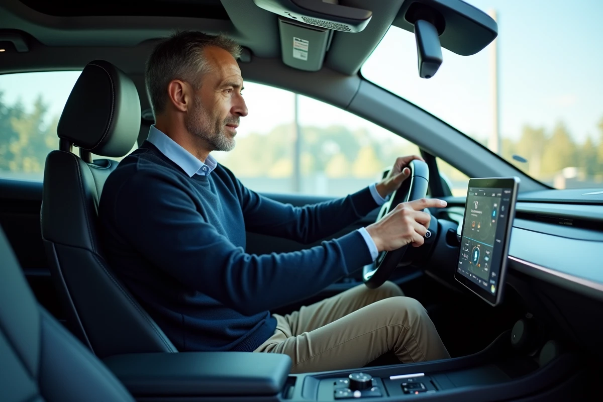 Ingénieur homme dans cabine de voiture autonome moderne