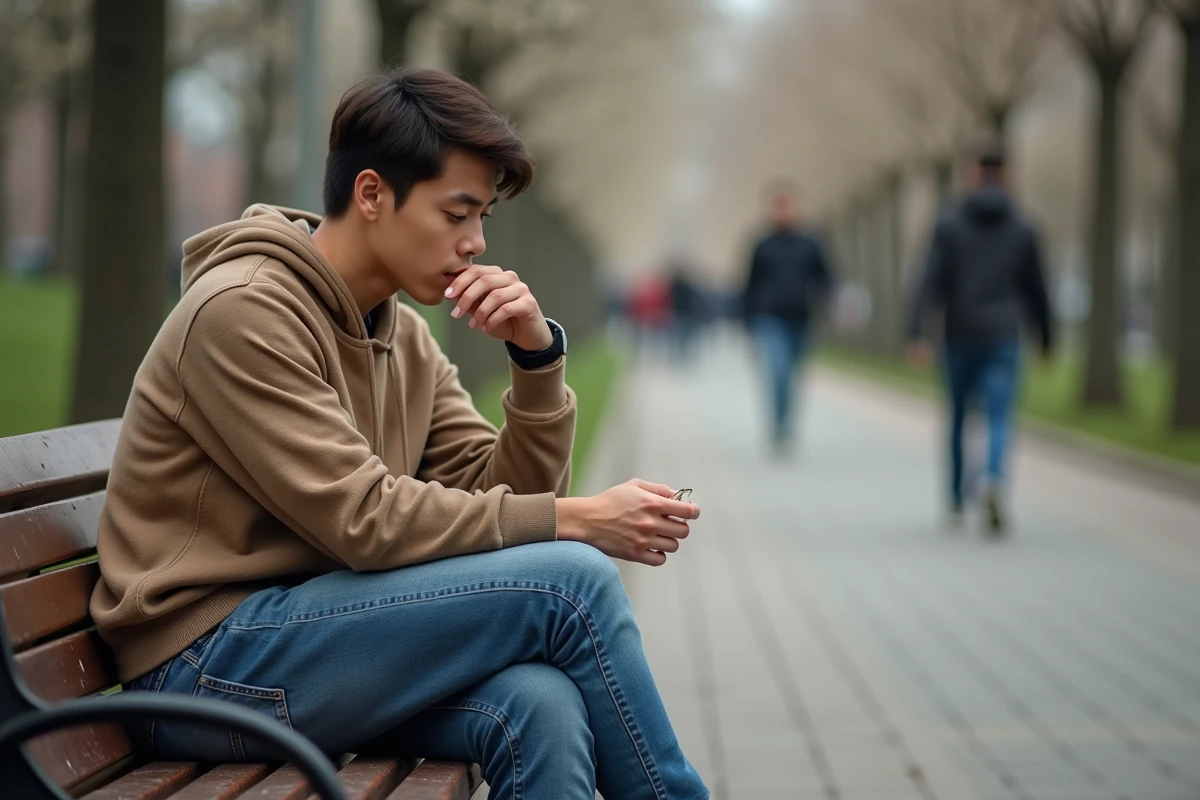 Jeune femme assise sur un banc de parc regardant une bague