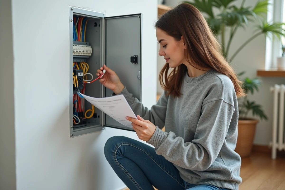 Jeune femme inspectant un coffret électrique mural