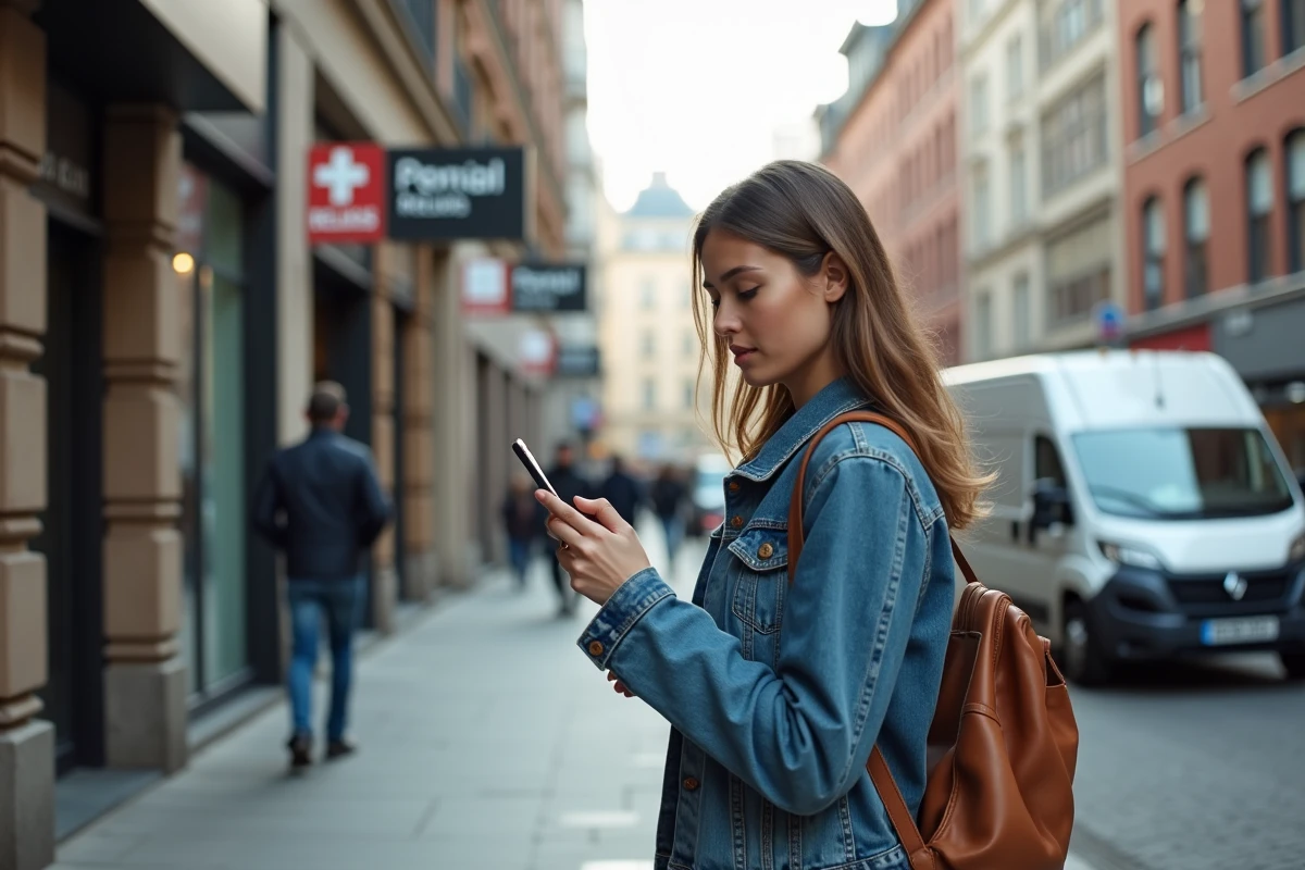 Jeune femme en denim utilisant son smartphone en ville