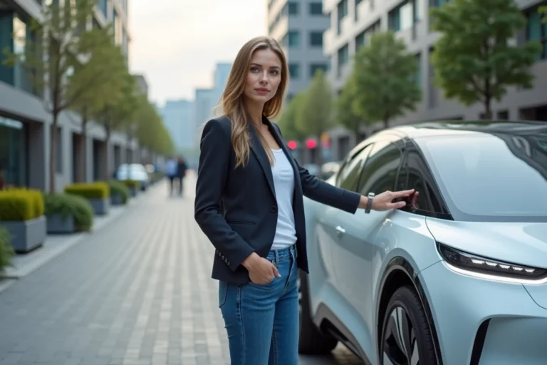 Jeune femme avec voiture électrique futuriste en extérieur
