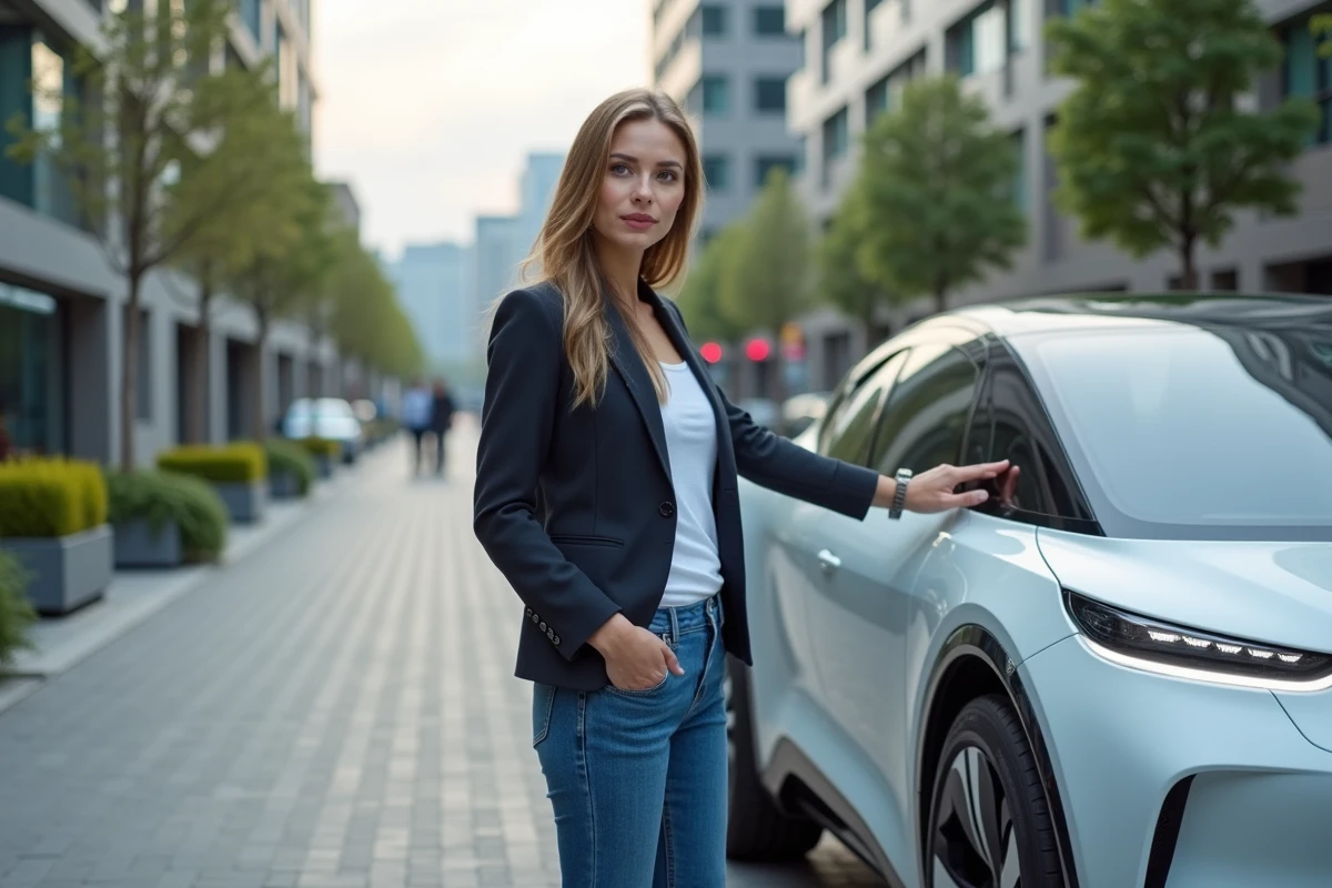Jeune femme avec voiture électrique futuriste en extérieur