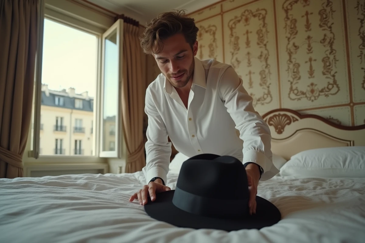 Jeune homme hésitant à poser son chapeau dans une chambre parisienne