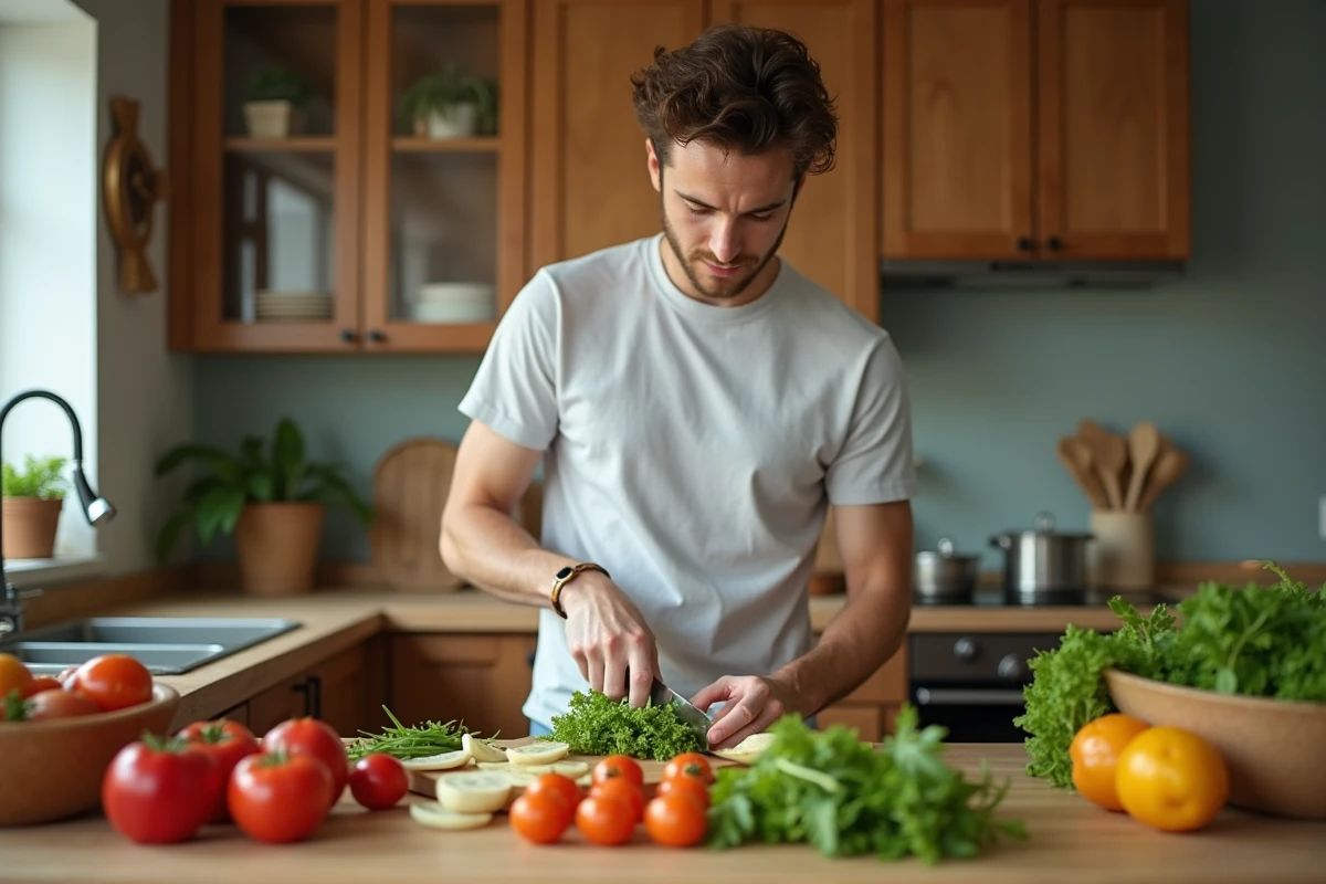 Jeune homme préparant une salade dans une cuisine moderne