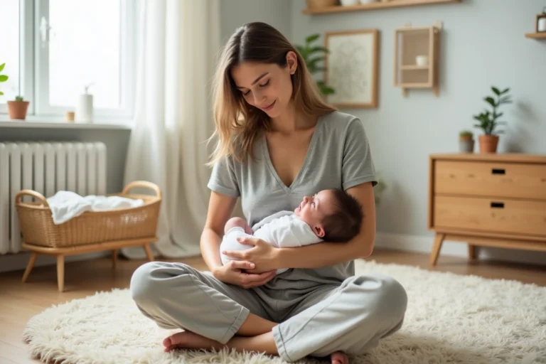 Jeune mère tenant son nouveau-né contre elle dans une chambre de bébé au style scandinave, ambiance douce et apaisante