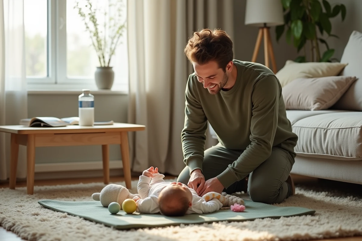 Jeune père jouant avec son bébé sur un tapis d'éveil dans un salon cosy, moment de complicité et de joie parentale