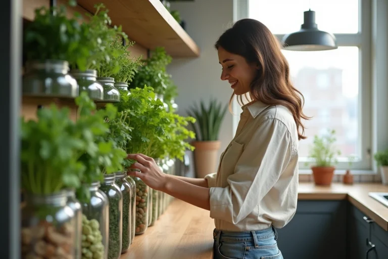 Jeune femme souriante dans une cuisine moderne avec jardin vertical