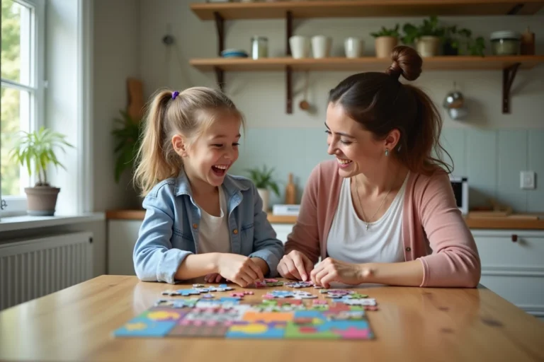 Mère et fille rient en faisant un puzzle dans la cuisine