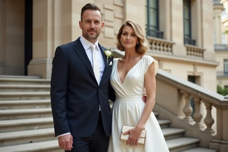 Couple élégant en tenue de mariage devant un immeuble haussmannien parisien