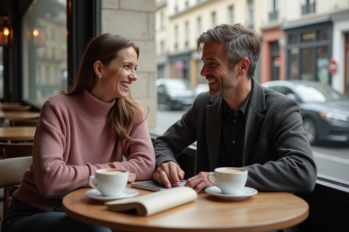 Couple complice attablé dans un café parisien, illustrant la vie de couple de Marie Bastide et Calogero