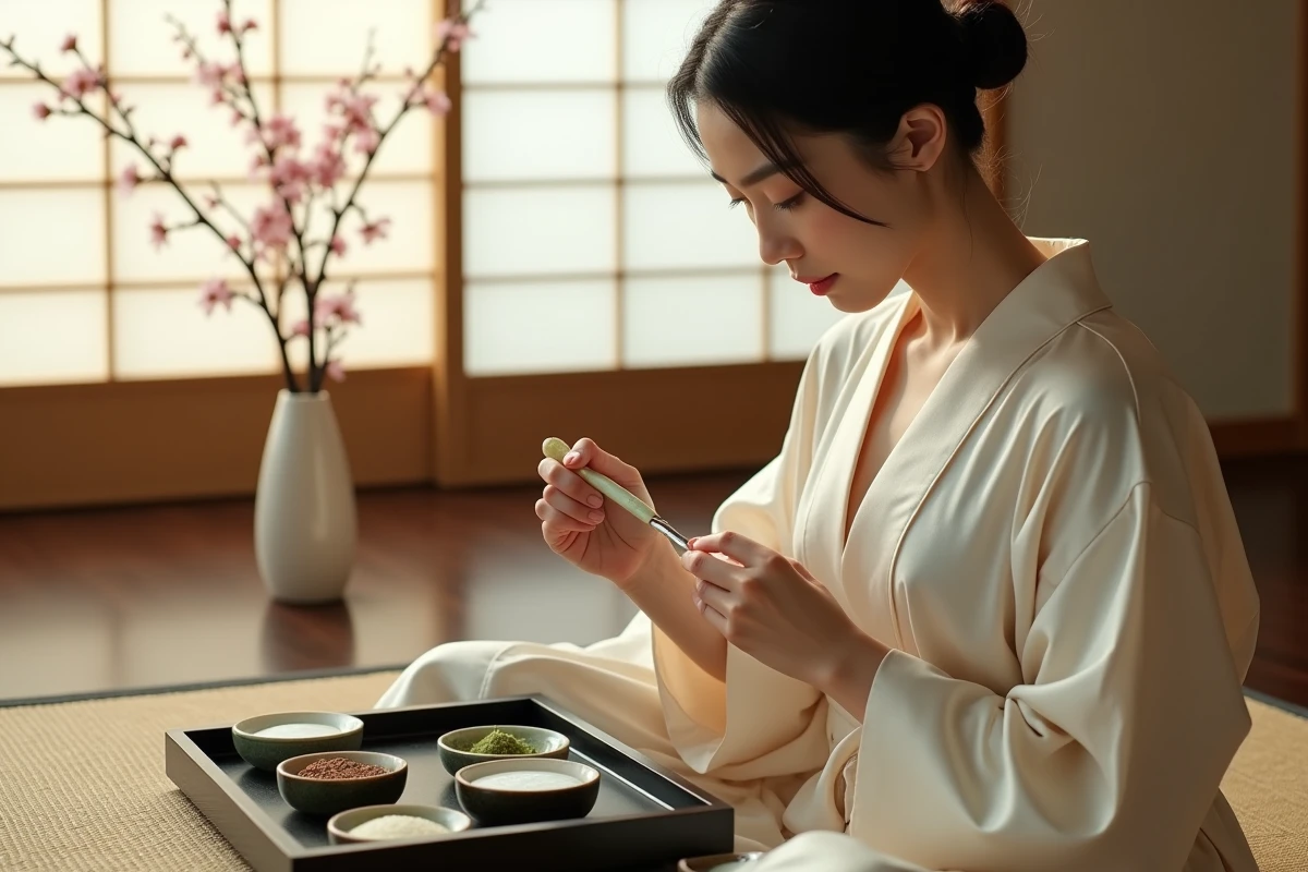 Femme appliquant un masque de beauté traditionnel à la poudre de perle et au bois de santal dans un intérieur japonais épuré