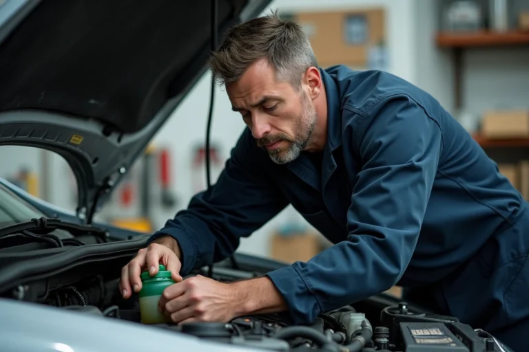 Mécanicien inspectant le réservoir de liquide de refroidissement vert sous le capot d'une voiture dans un garage