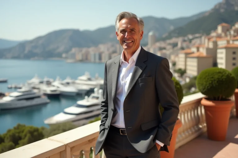 Homme d'affaires milliardaire en costume sur une terrasse avec vue sur le port de Monaco