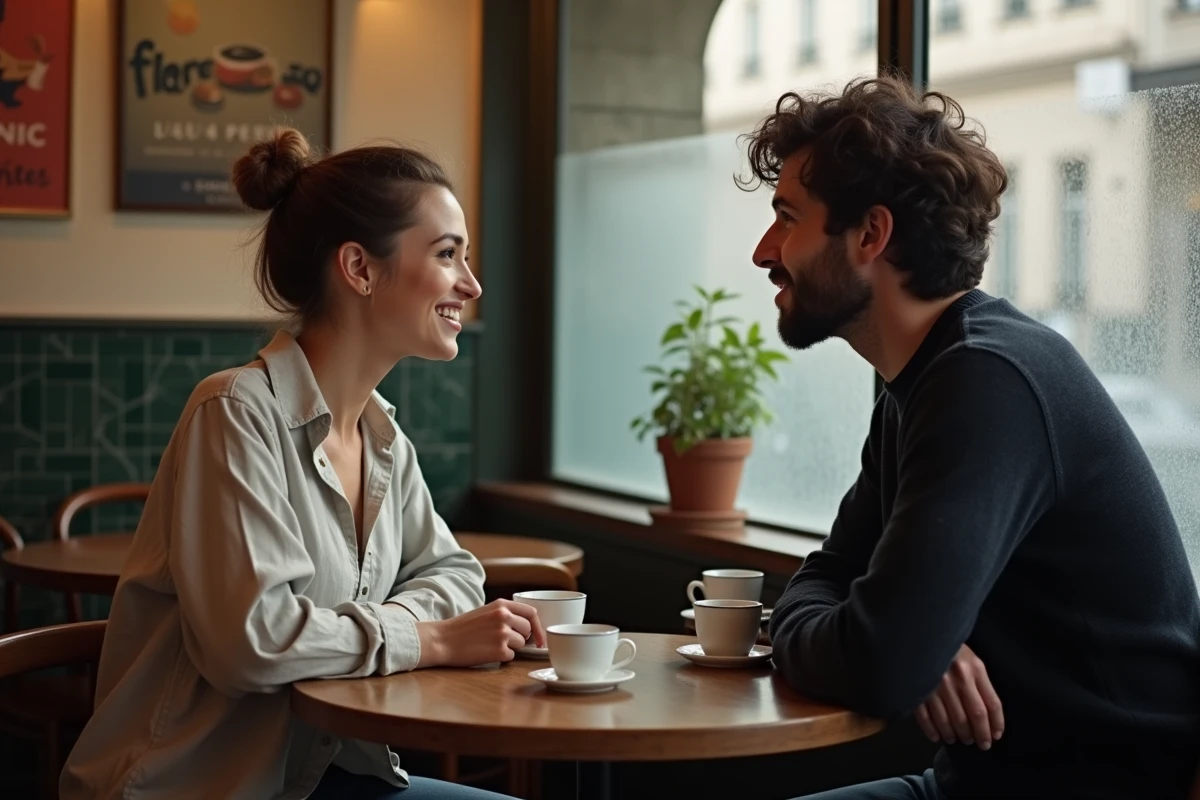 Natacha et Paul Gainsbourg attablés dans un café parisien, capturés dans un échange naturel et intime loin des projecteurs
