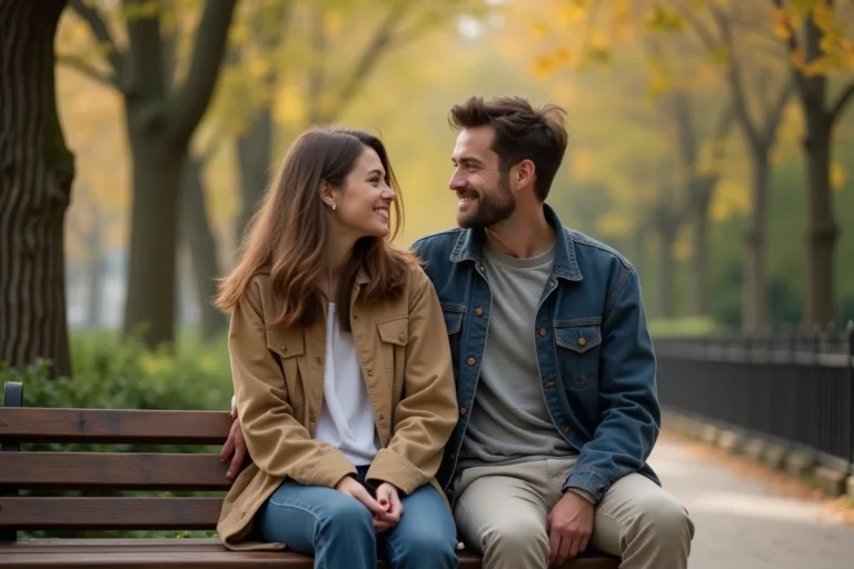 Natacha et Paul Gainsbourg assis sur un banc dans un parc parisien, partageant un moment complice et détendu loin des caméras