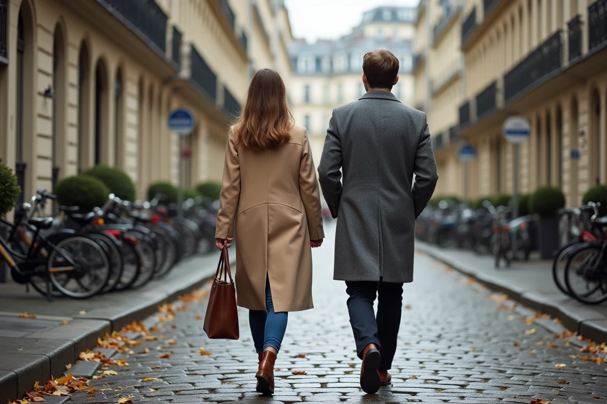 Natacha et Paul Gainsbourg marchant ensemble dans une rue pavée de Paris, photographiés de manière spontanée dans leur vie quotidienne