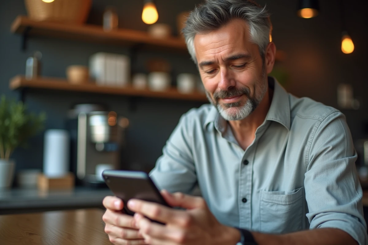 Homme utilisant l'application Amazon sur smartphone sans code 3D Secure lors du paiement
