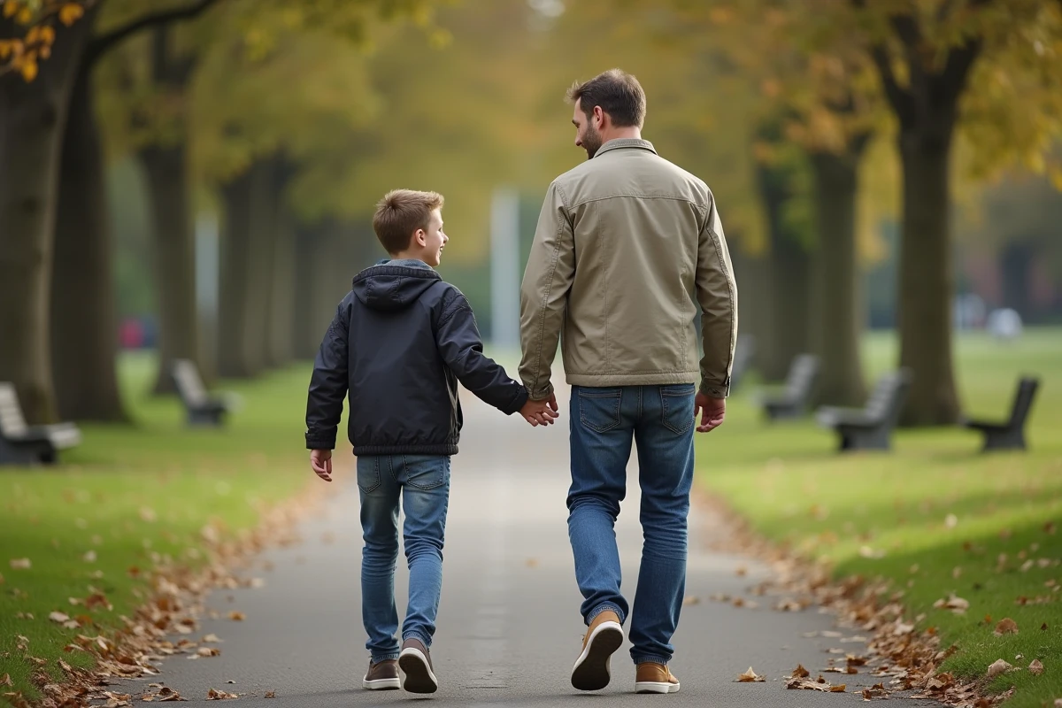 Père et fils discutent en marchant dans un parc