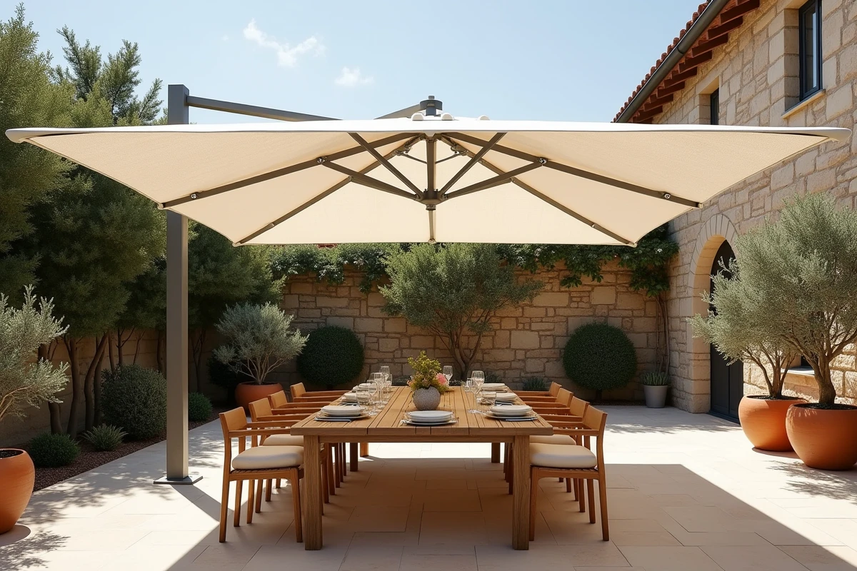 Terrasse méditerranéenne moderne avec grand parasol déporté en lin blanc cassé au-dessus d'une table en teck
