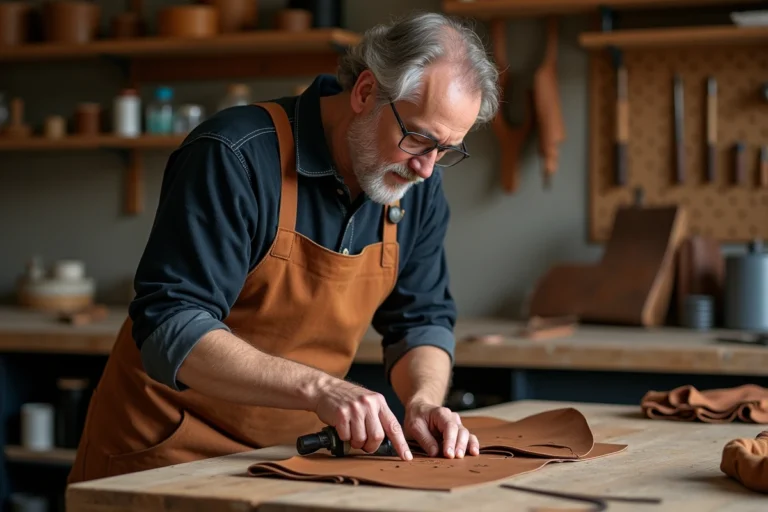 Artisan en train de perforer du cuir tanné avec un emporte-pièce rotatif sur un établi en bois dans un atelier de maroquinerie
