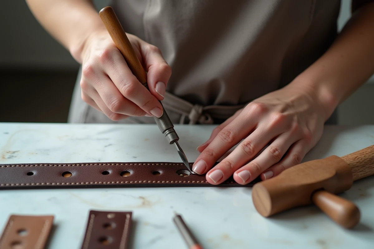 Gros plan sur la perforation au poinçon et maillet d'une ceinture en cuir brun pour créer des trous de couture réguliers