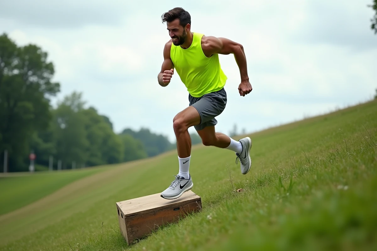 Coureur effectuant un exercice pliométrique sur une côte courte mettant en tension le tendon d'Achille