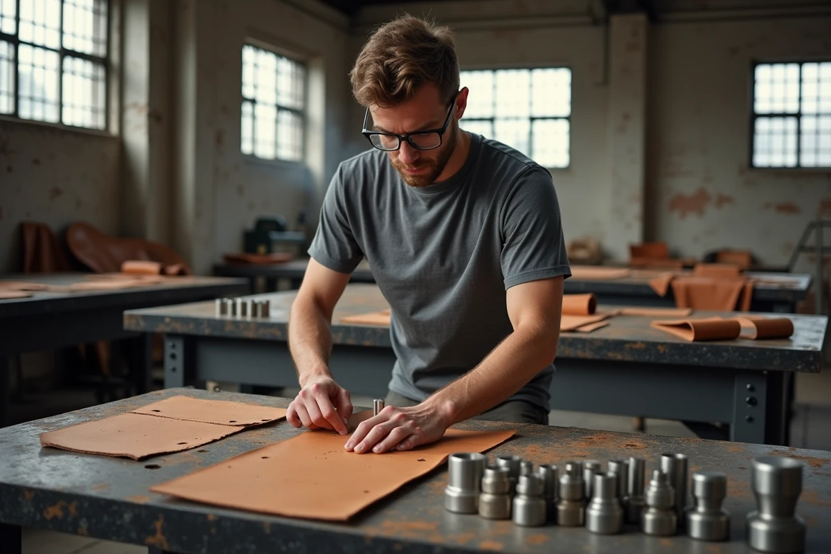 Jeune artisan utilisant une presse à perforer manuelle pour réaliser des trous précis dans des pièces de cuir dans un atelier industriel