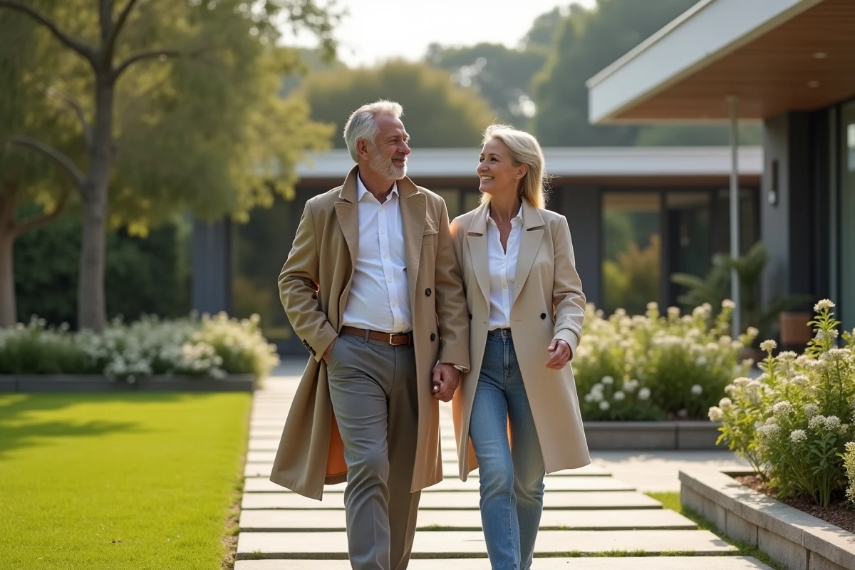 Couple français se promenant dans un jardin moderne